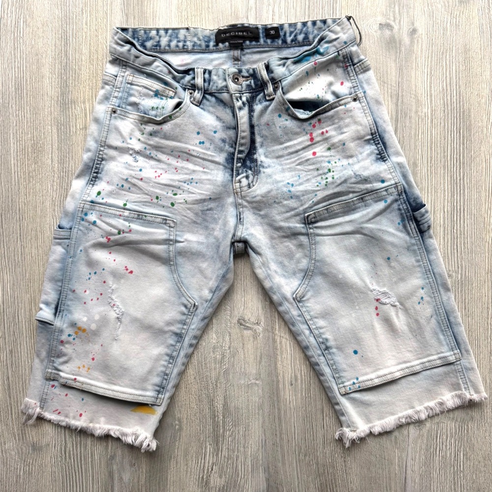 Decibel Mens 30 Paint Splatter Carpenter Denim Shorts Acid Wash Distressed Blue